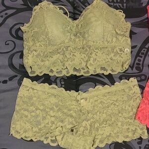 Lace Bralette and Panty Set - Olive Green